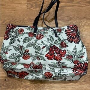 Tory Burch Red and Green Floral Tote with Navy Straps